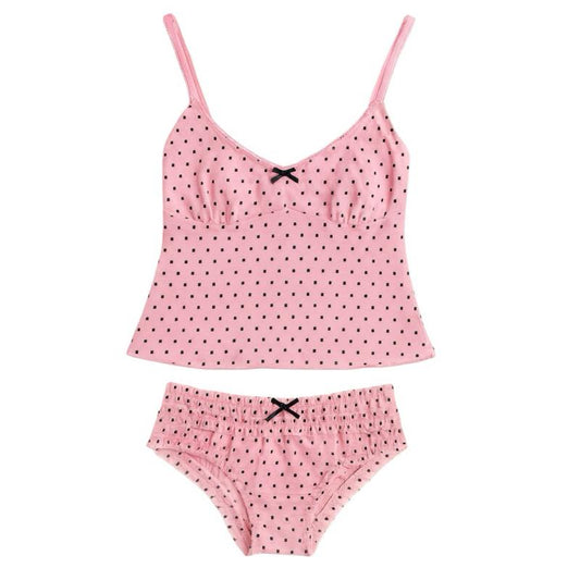 Milanblocks Y2K Pink Heart Mesh Matching Set - Polka Dot Cami Top & low Waist Briefs for Women
