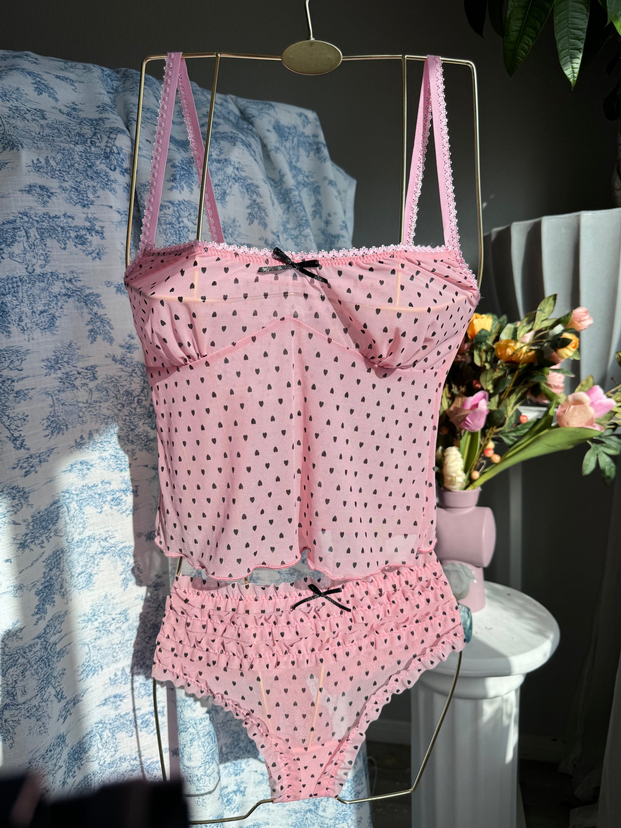 Milanblocks Y2K Pink Heart Mesh Matching Set - Polka Dot Cami Top & low Waist Briefs for Women