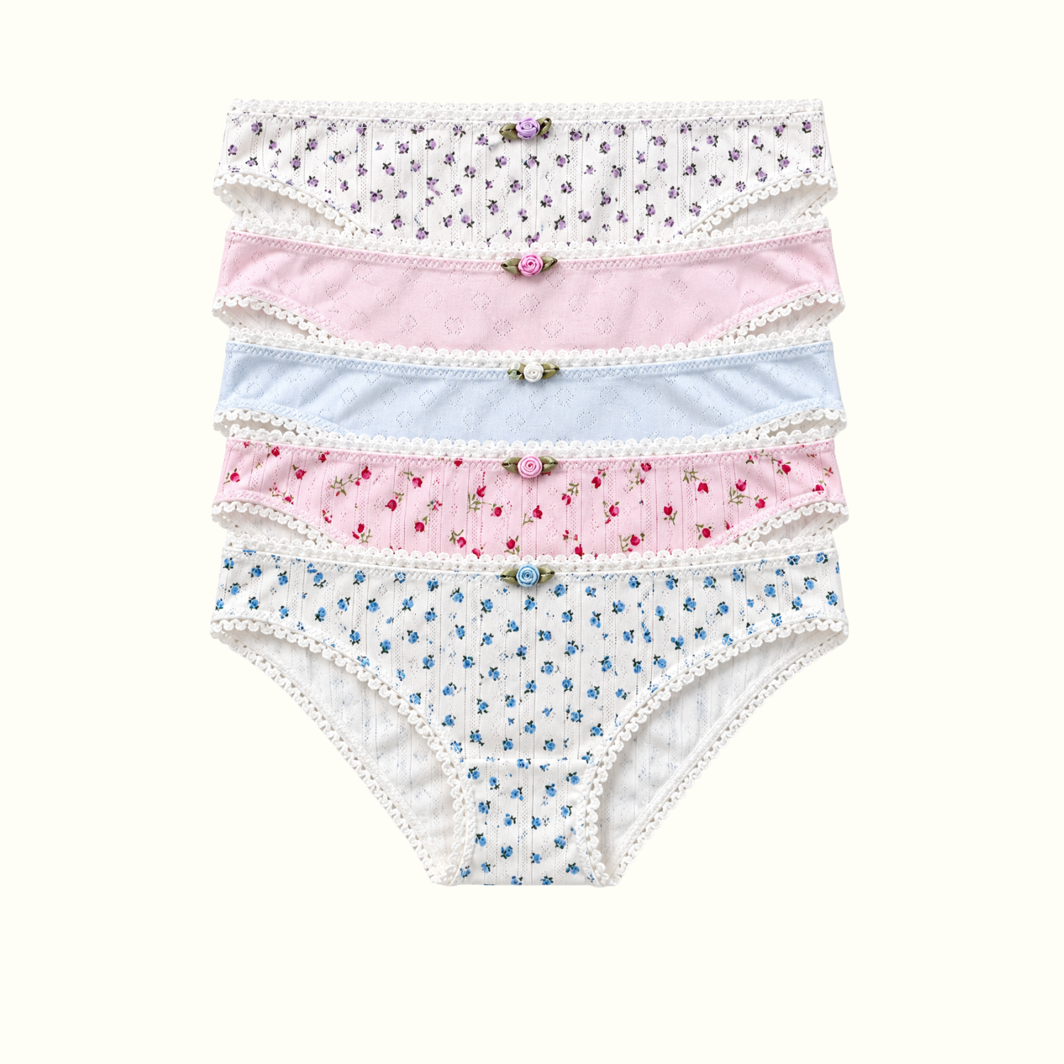 Milanblocks 5 pack Soft Girl Cotton Panties pointella Cute Floral Pastel Lace Trim Briefs Panty 5 pack