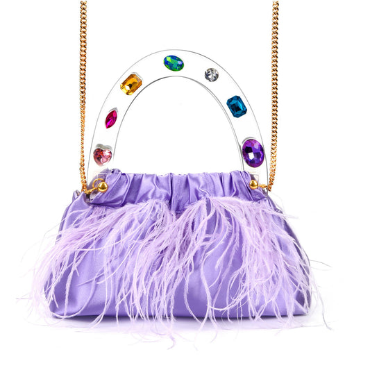 Regal Purple Diamond-Adorned Feather Acrylic Top Handle Bag