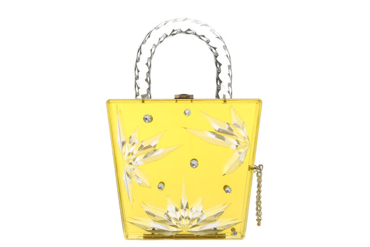 Top Handle Amber Hock Cut to clear Lucite Acrylic Handbag