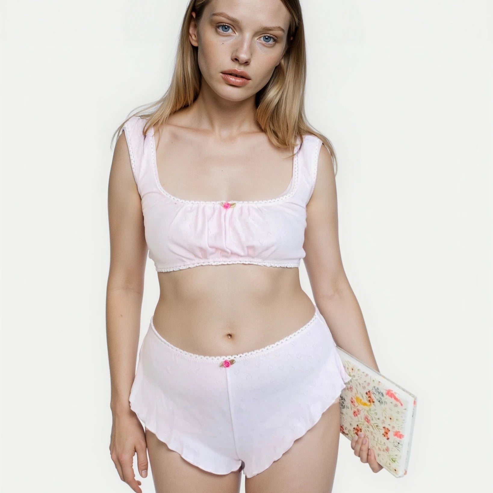 Milanblocks Soft Girl Loungewear Set  Cotton Lace Bralette  High Waist Panties