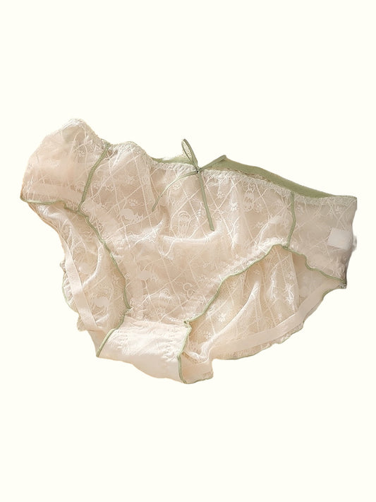 Sheer Lace Cat Print Panties Coquette Ruffle Trim