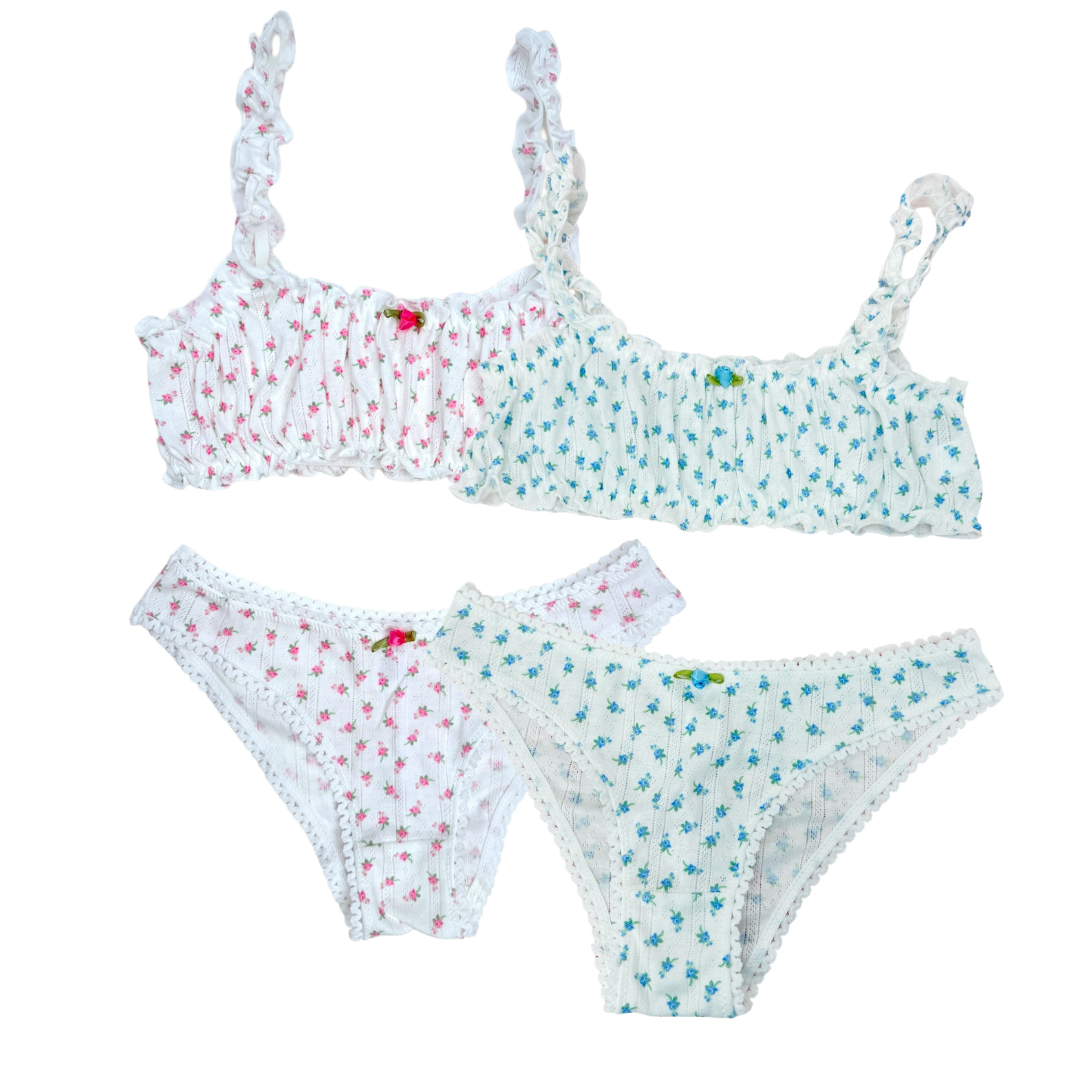 Blue French Romantic pointelle cotton made matching bralette set