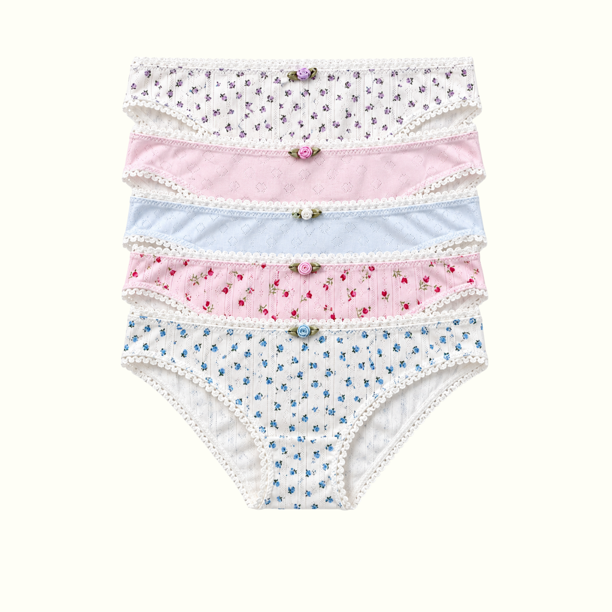 Milanblocks 5 pack Soft Girl Cotton Panties pointella Cute Floral Pastel Lace Trim Briefs Panty 5 pack