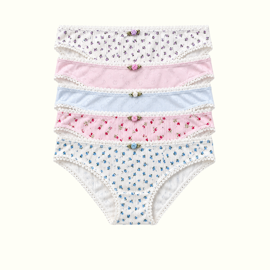 Milanblocks 5 pack Soft Girl Cotton Panties pointella Cute Floral Pastel Lace Trim Briefs Panty 5 pack
