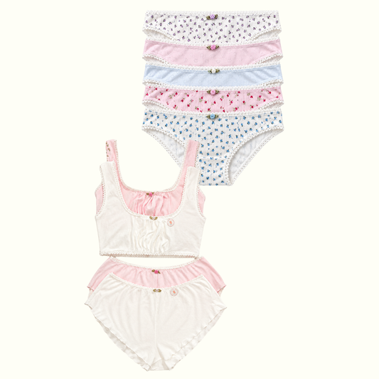 2 Cotton Set + 5 Panty Bundle Soft Girl Pointelle Set