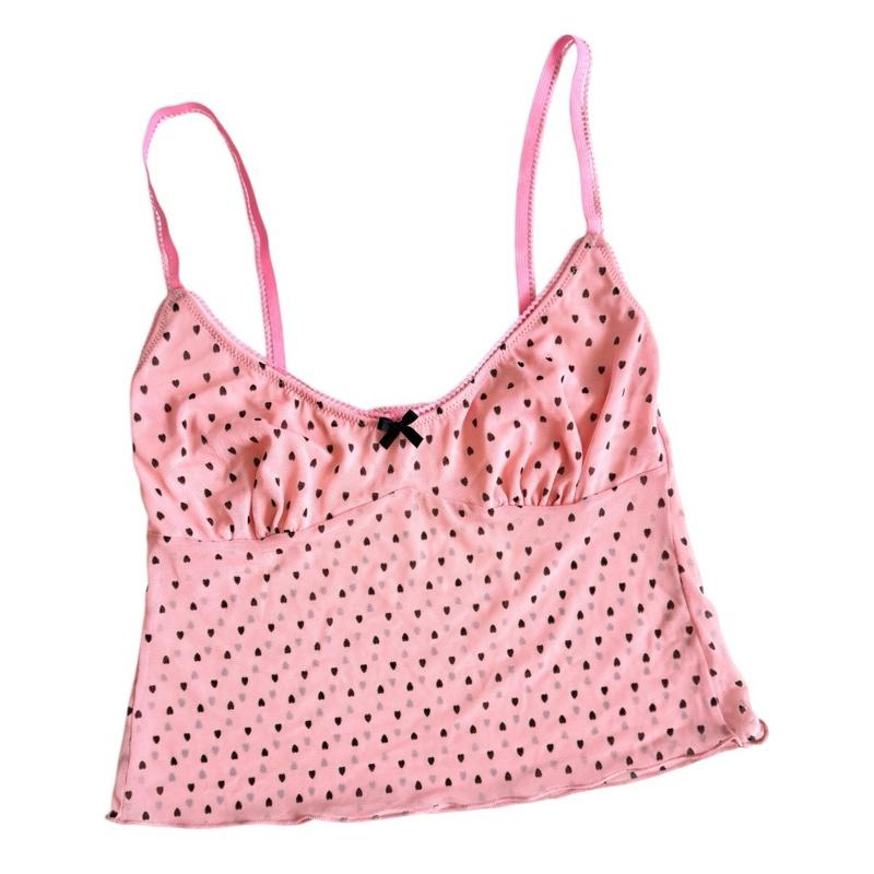 Milanblocks Y2K Pink Heart Mesh Matching Set - Polka Dot Cami Top & low Waist Briefs for Women