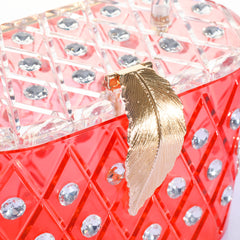 1950 Vintage Style Coral Red "The Passion" Crystal Acrylic Lucite Box Top handale Clutch Bag