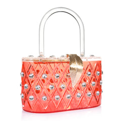 1950 Vintage Style Coral Red "The Passion" Crystal Acrylic Lucite Box Top handale Clutch Bag