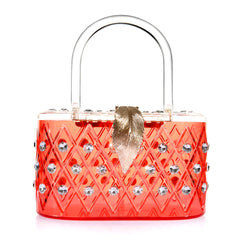 1950 Vintage Style Coral Red "The Passion" Crystal Acrylic Lucite Box Top handale Clutch Bag