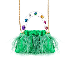 Green Diamond-Embellished Feather Bag
