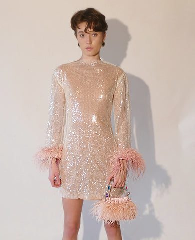HANDMADE sequins feather trim long sleeve party dress