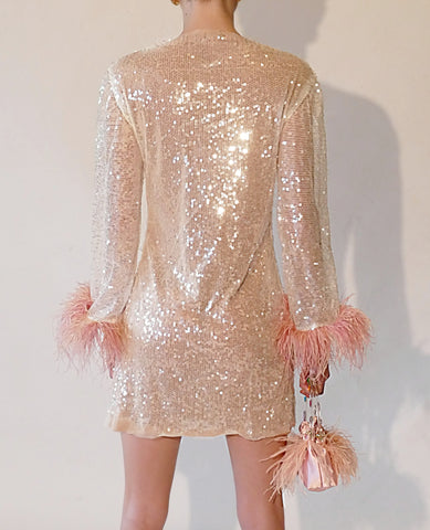 HANDMADE sequins feather trim long sleeve party dress