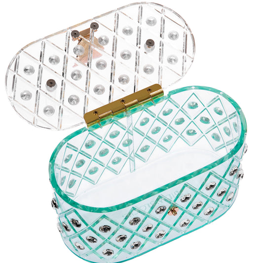 1950 Vintage Style “Spearmint Ice" Crystal Acrylic Lucite Box Clutch Bag